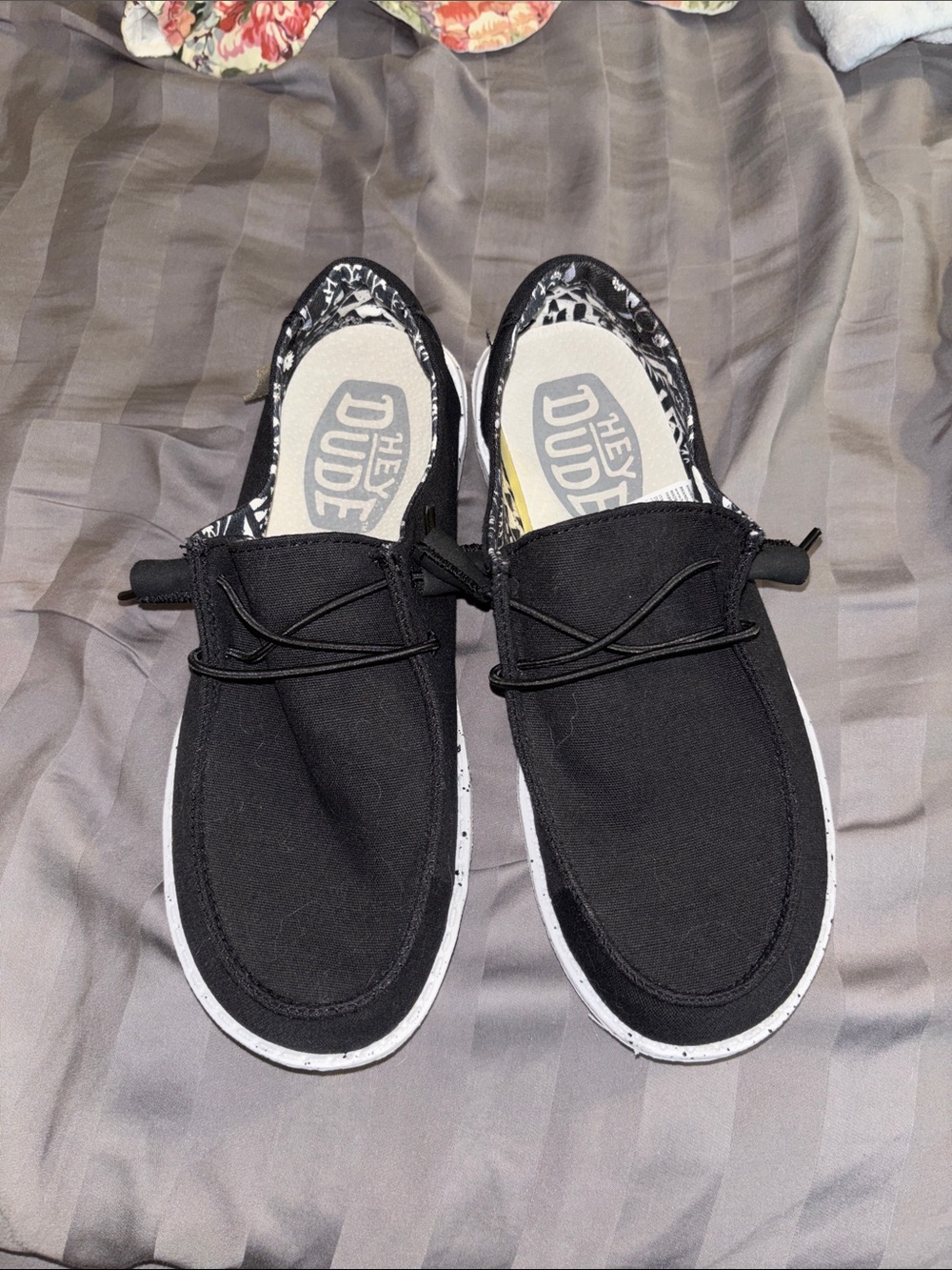 Hey Dude Black Canvas Slip-On Loafers with Patterned Lining